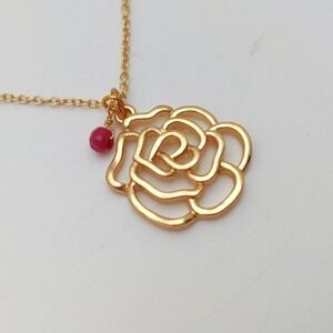 Gold Rosette Flower Necklace w/ Genuine Ruby